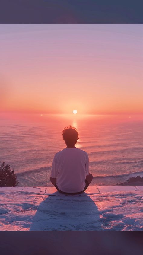 35yo man watching sunrise, sitting in lotus pose, ocean view, pale soft colors, hyper realism, high detailed, shot on iphone 14 pro max --v 6 Watching Sunrise, Hyper Realism, Shot On Iphone, Lotus Pose, Morning Meditation, Ocean View, Soft Colors, By The Sea, Realism