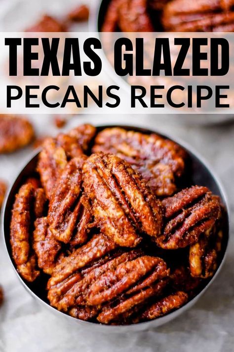 This easy recipe for sweet + spicy Texas Glazed Pecans are delicious for munching on, setting out as a party snack, adding to charcuterie boards or tossing into salads! The glaze for these roasted pecans is crunchy, sweet, and salty. Spicy Candied Pecans Recipe, Glazed Pecans Recipe, Spicy Pecans Recipe, Roasted Pecans Recipe, Yule Holiday, Candied Pecans Recipe, Spicy Nuts, Glazed Pecans, Spiced Pecans