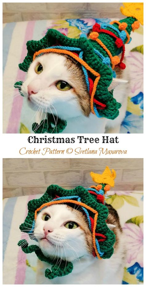 Cat Christmas Tree Hat Crochet Pattern - Christmas Pet Hat #Crochet Patterns Christmas Dog Hat, Cat Hat Pattern, Cat Santa Hat, Crochet Santa Hat, Cat Hats, Crochet Dog Clothes, Cutest Crochet, Crochet Christmas Hats, Crochet Cat Hat