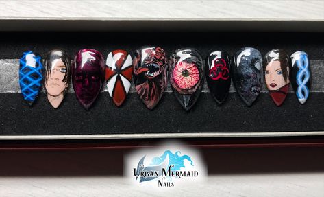 Hand painted resident evil character press on nails.   Made with @thegelbottleinc products. Resident Evil Inspired Nails, Resident Evil Nails, Evil Character, Mermaid Nails, Nail Tech, Resident Evil, Press On Nails, Nail Designs, Mermaid