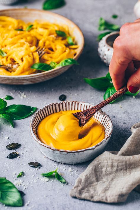 This is the BEST Vegan Pumpkin Alfredo Sauce Recipe - It’s incredibly creamy, healthy, delicious, dairy-free, and perfect to serve with Fettuccine pasta or to use as cheese sauce for sandwiches, casseroles or more dishes! The ultimate comfort food for cozy fall weeknight dinners that can be made gluten-free & nut-free too! Sauce For Sandwiches, Fall Weeknight Dinners, Alfredo Pasta Recipes Easy, Pumpkin Alfredo Pasta, Easy Cheese Sauce, Pumpkin Alfredo Sauce, Squash Pasta Recipe, Pumpkin Alfredo, Vegan Alfredo