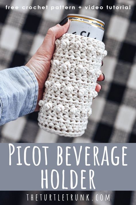 Pinterest pin for the picot beverage holder crochet pattern by The Turtle Trunk Crochet Stanley Cup Holder, Crochet Cup Cozy Free Pattern, Crochet Can Cozy, Cup Cozy Crochet Pattern, Can Cozy, Crochet Cup Cozy, Cozy Pattern, Crochet Mask, Cozy Crochet Patterns