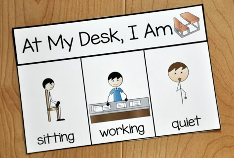 This reminder card, visually reminds students "When I'm at my desk, I am quiet, working, and sitting. Good for communicating with ESL students. Visual Que Cards, Desk Behavior Chart Student, Desk Reminders For Students, Visual Reminders For Behavior, Power Cards For Behavior, Visual Behavior Supports, Desk Visuals For Students, Behavior Cards Free Printable, Visual Supports Classroom