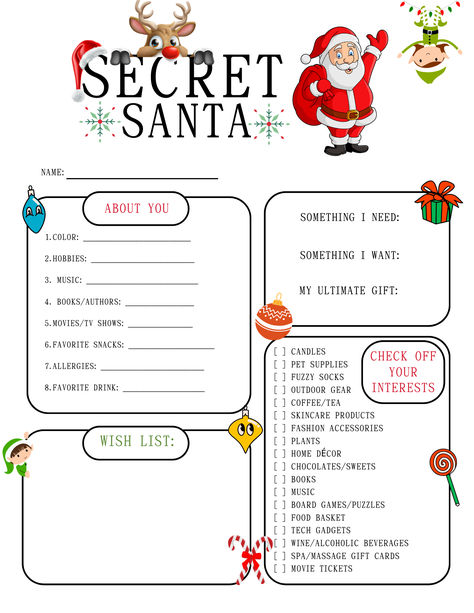 Looking for a stress-free way to organize your Secret Santa gift exchange? Look no further! Our Secret Santa Questionnaire Downloadable Template is the perfect solution. This template is thoughtfully designed to help you gather all the necessary information for a successful Secret Santa event. Simply download, print, and distribute the questionnaire to all participants. Christmas Gift Exchange Questionnaire, Secret Santa Wishlist Template, Secret Santa List Template Free, Secret Santa Questionnaire For Coworkers Free Printable Free, Secret Santa Questionnaire For Teens, Secret Santa Questionnaire Free Printable, Secret Santa List Template, Secret Santa Questionnaire For Kids, Free Secret Santa Questionnaire