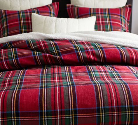 It’s time to start thinking about getting your home ready for holiday guests. This popular duvet speaks for itself. Classic style radiates yuletide joy. Plaid Bedroom, Tartan Decor, Stewart Plaid, Holiday Bed, Pottery Barn Christmas, Plaid Bedding, Holiday Room, Christmas Bedding, Percale Sheets