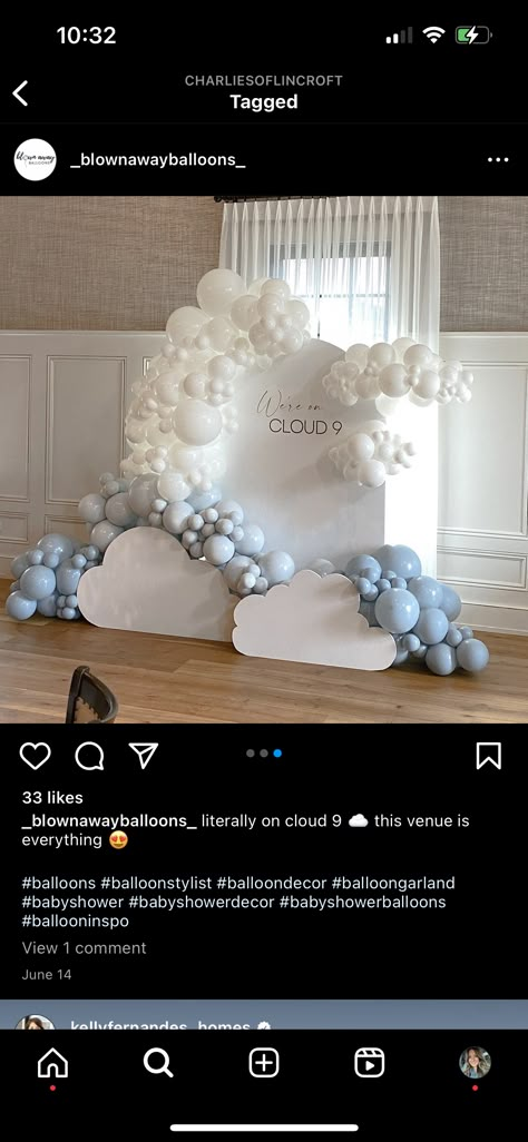 Cloud 9 Photo Backdrop, Cloud 9 Balloon Garland, In The Clouds Bridal Shower Theme, Balloon Arch Clouds, Cloud Theme Balloon Arch, Dreamy Baby Shower Theme Boy, Cloud Photo Backdrop, Cloud Balloon Backdrop, Cloud Bridal Shower Ideas