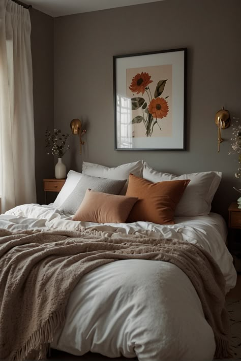 Good Bedroom Color Schemes, Gray And Clay Bedroom, Cozy Serene Bedroom, Cozy Home Aesthetic Bedroom, Cozy Bedroom Couple, Cozy Spare Bedroom Ideas, Guest Room Inspiration Cozy, Gray And Tan Bedroom, Warm House Aesthetic