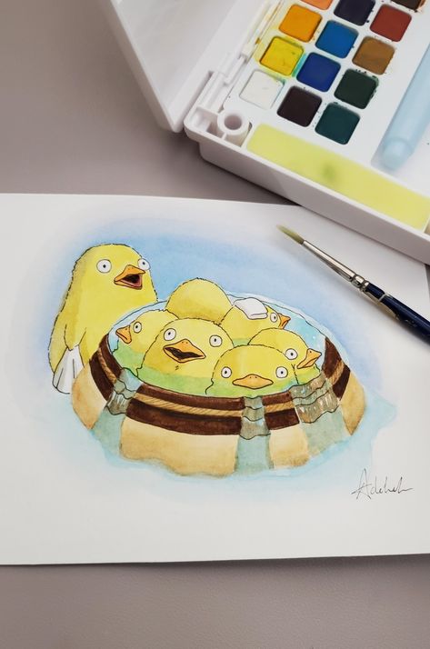 Ducks from spirited away bath in watercolor Studio Ghibli Scenes To Paint, Ghibli Art Painting, Ghibli Watercolor Painting, Studio Ghibli Watercolor, Ghibli Watercolor, Japanese Drawing, Duck Bath, Sky Art Painting, Portraiture Painting