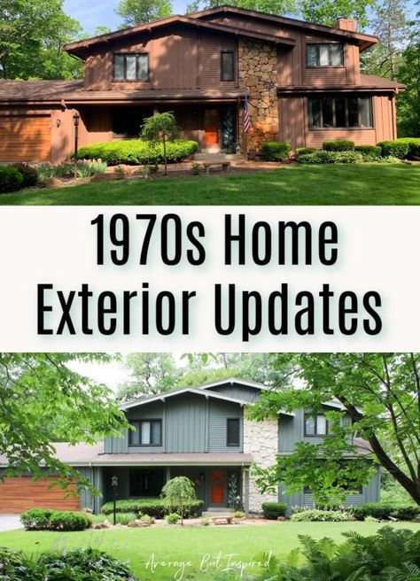 This 1970s home exterior update really brings it out of the dark ages! With moody green paint, limewashed stone, and wood accents, it looks much more updated than it used to. #greenhouseexterior #exteriorpaintcolors #pewtergreen 1970s House Exterior, Rock House Exterior, 70s Home Exterior, 70s Ranch Exterior Remodel, Moody Green Paint, Home Exterior Updates, 70s House Exterior, Ranch Exterior Remodel, House Exterior Makeover