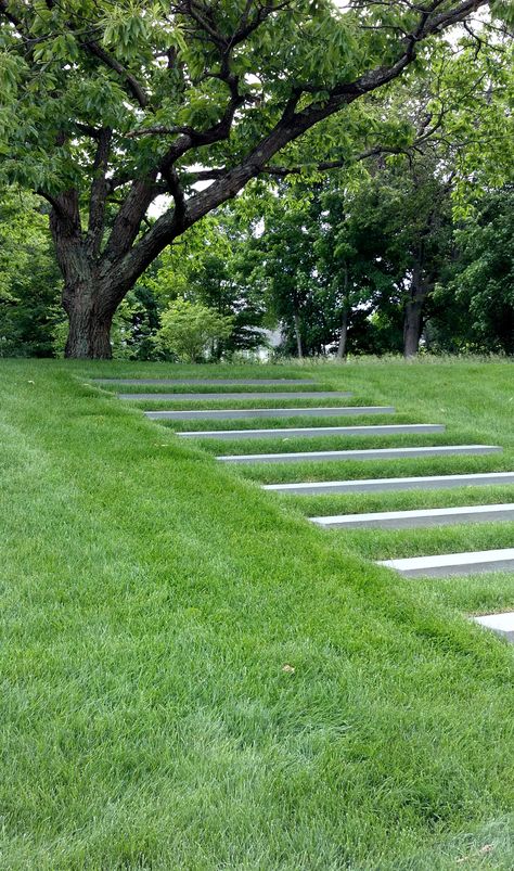 stairs in lawn | Slab stairs embedded in lawn - Land8.com Mid Century Modern Front Yard, Lawn Steps, Cottage Front Garden, Landscape Stairs, Garden Retaining Wall, Sunken Garden, Outdoor Stairs, Beautiful Outdoor Spaces, Landscape Services