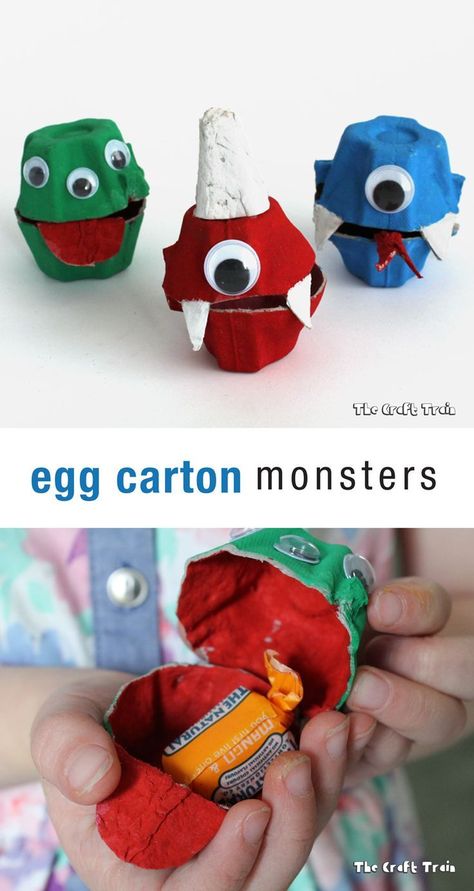 Easy egg carton monsters, a fun Halloween craft for kids. Place sweets inside and create a treasure hunt with them! Egg Box Craft, Monster Treats, Christmas Blocks, Fun Halloween Crafts, Egg Carton Crafts, Treat Holders, Halloween Activities For Kids, Crafts For Boys, Halloween Craft