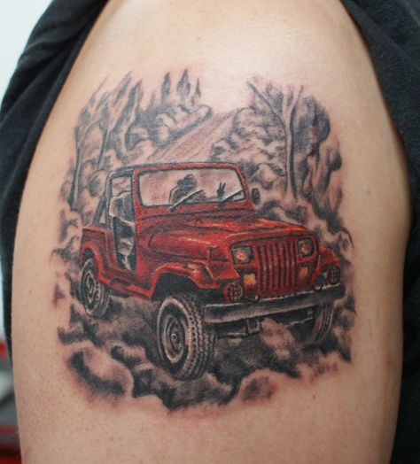 Jeep Tattoos For Women, Jeep Tattoos, Jeep Tattoo, Elk Tattoo, Ems Tattoos, Tattoo Off, Biker Tattoos, Car Tattoos, Back Of Shoulder Tattoo