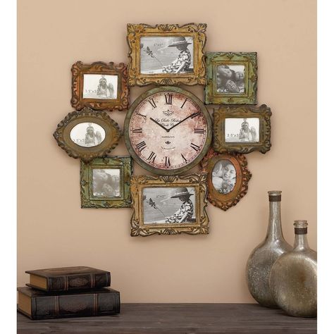 Farmhouse 25 x 25 Inch Metal (Grey) Clock with Photo Frames by Studio 350 (Metal Clock Photo Frame), Maison Rouge Metal Photo Frames, Metal Clock, Unique Wall Clocks, Antique Wall Clock, Metal Wall Clock, Iron Wall, Decoration Design, Photo Frame Wall, Vintage Walls