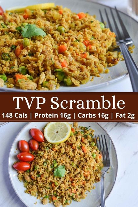 TVP crumbles breakfast is a flavorful, spicy, and protein-packed healthy breakfast scramble prepared in Indian style. This vegan scramble makes a great addition to soups, pizza, pasta, and sauces. Textured vegetable protein is a great vegan substitute for sausage, ground beef, or any ground meat & for meal planning. You can easily replicate the texture or taste with these meatless veggie crumbles. Healthy, protein-rich, macro friendly, and perfect breakfast recipe to make. Healthy Breakfast Scramble, Tvp Recipes, Veggie Scramble, Textured Vegetable Protein, Breakfast Scramble, Vegan Ground Beef, Protein Pasta, Grilled Tofu, Vegan Sausage