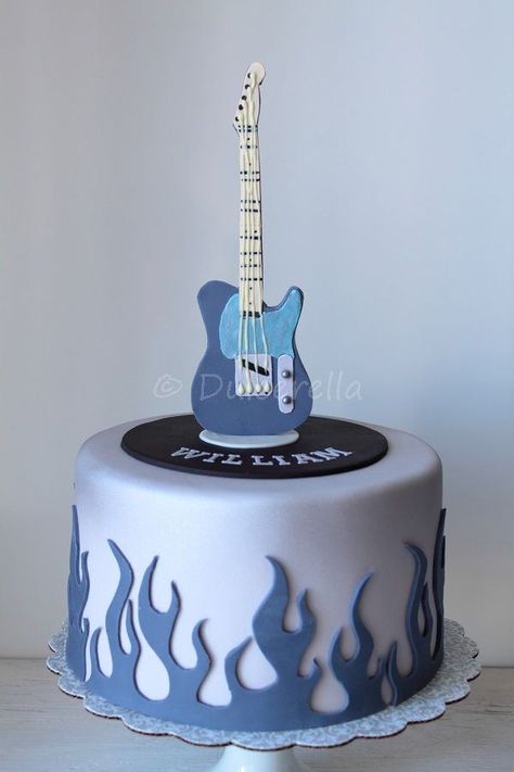 Vanilla cake with chocolate ganache and caramel and peanut butter swiss meringue buttercream Guitar Inspired Cake, Birthday Cake Guitar Theme, Guitar Bday Cake, Guitar Cake Design, Birthday Cake Music Theme, One Rocks Cake, Rock Birthday Cake, Music Birthday Cakes, Music Birthday Cake