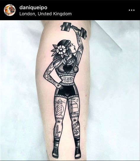 Tattooed Lady Tattoo, Tattooed Pinup Tattoo, Weightlifting Tattoos For Women, Girly Pinup Tattoo, Gym Tattoos Women, Traditional Yoga Tattoo, Pin Up Tattoos For Women, Pinup Tattoos For Women, Weight Lifting Tattoos