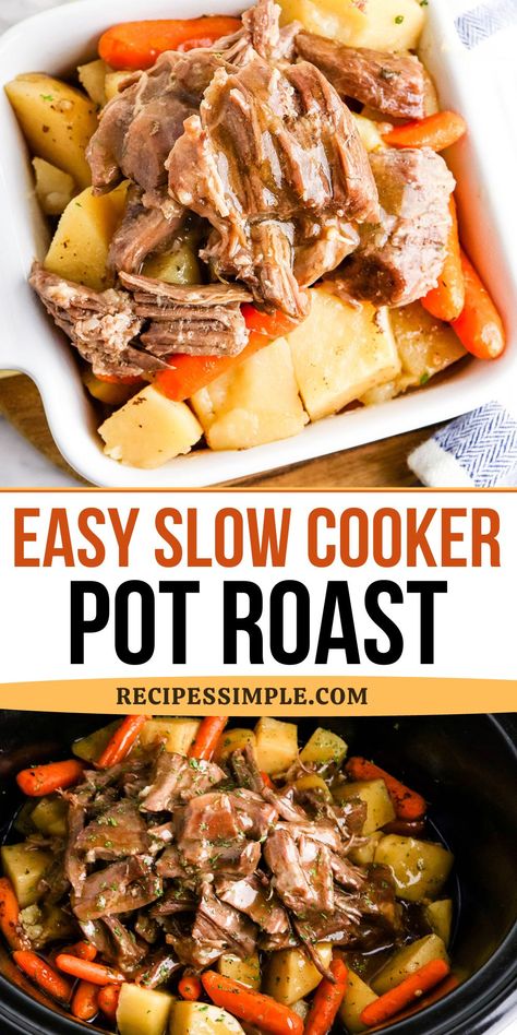 Pot roast with potatoes and carrots cooked in slow cooker. Pot Roast And Vegetables, Chuck Roast Crock Pot, Recipes Pot Roast, Crock Pot Chuck Roast, Roast Crock Pot Recipes, Crock Pot Roast, Roast Crock Pot, Crockpot Pot Roast, Roast Slow Cooker