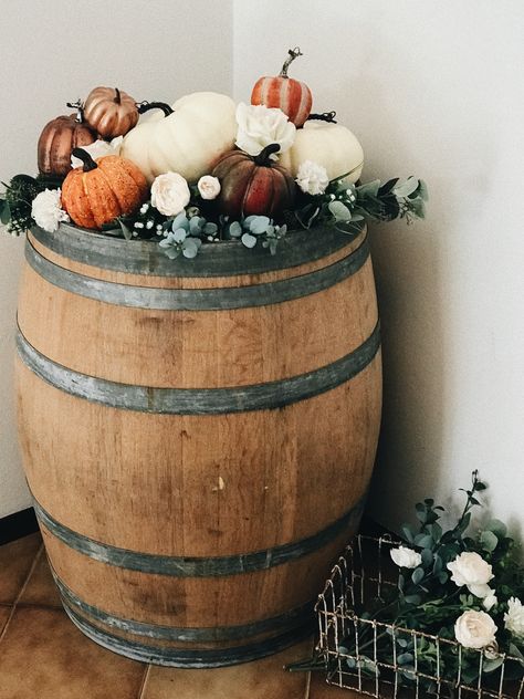 Fall wine barrel decor Wine Barrel Wedding Decor, Whiskey Barrel Decor, Barrel Wedding Decor, Wine Barrel Wedding, Wine Barrel Decor, Whiskey Barrel Wedding, Fall Backyard, Barrel Wedding, Barrel Projects