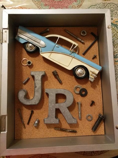 A shadow box i made for my boyfriend for his bday! He loved it! My Boyfriends Birthday, Shadow Box Ideas, Old Car Parts, Shadow Box Gifts, Cricut Craft, Family Keepsakes, Cricut Craft Room, Boyfriend Birthday, Car Mechanic