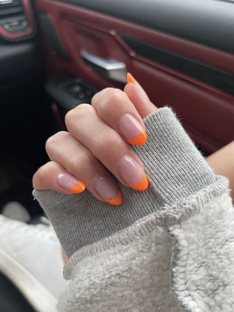 Orange french tip gel manicure 🧡 #summernails #nailinspo #colortips #orangenails #trendynails #fallnails #gelnails #almondnails French Tip Gel Manicure, Orange French Tip Nails, Orange French Tip, French Tip Gel, Bright Orange Nails, Oval Acrylic Nails, Neon Orange Nails, Orange Acrylic Nails, Almond Nails French