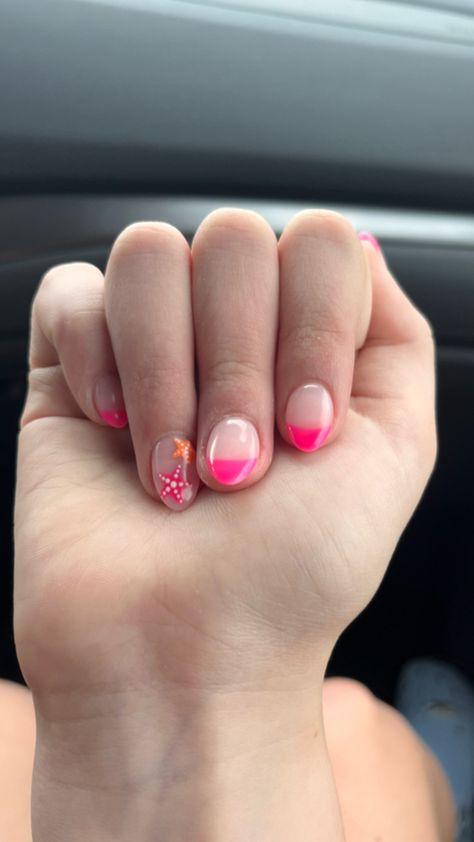 Neon pink French tip nails with starfish Nails With Starfish, Neon Pink French Tip Nails, Pink French Tip Nails, Pink French Tip, Teen Nails, Summery Nails, Casual Nails, Pink French, Tip Nails