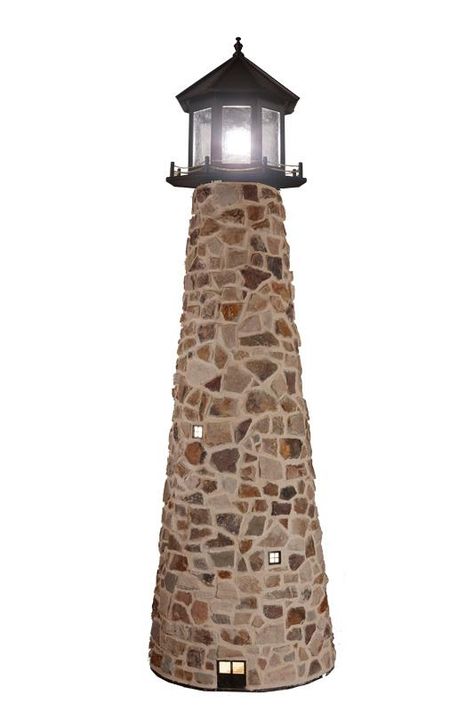 Stone Lighthouse, Yard Lighthouse, Garden Lighthouse, Diy Lighthouse, Spring Outdoor Decor, Lighthouse Crafts, Lighthouse Decor, Amish Crafts, Stone Candles