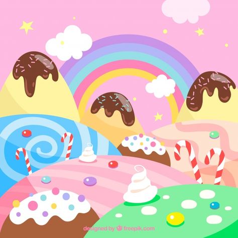 Colorful candy land background in hand drawn style Free Vector | Free Vector #Freepik #vector #freebackground #freefood #freehand #freehand-drawn Candy Land Background, Candy City, Land Background, Castle Houses, Cake Castle, Candy Theme Birthday Party, Candy Themed Party, Background Food, Candy House