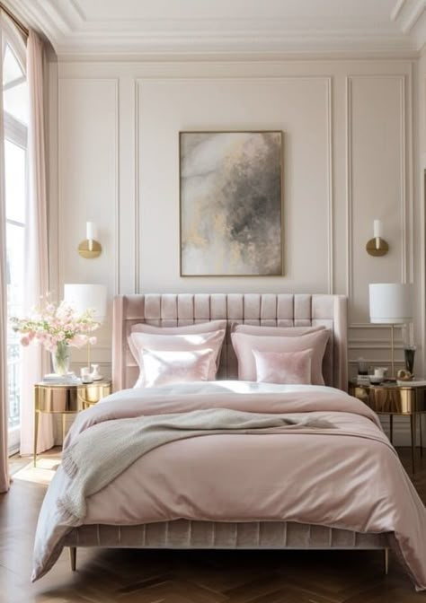 Colourful Pastel Bedroom, Classic Pink Bedroom, Color Scheme Bedroom Ideas, Bedroom Ideas For Couples Luxury, Beige Pink Bedroom, Beige And Pink Bedroom, Pink Beige Bedroom, Pink And Beige Bedroom, Adult Pink Bedroom