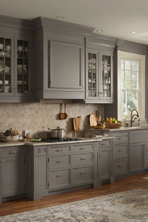 home decor,interior design,designers kitchen,paint color match Cabin Painted Cabinets, Paint Colors With Grey Cabinets, Unique Kitchen Cabinet Colors, Grey Wash Kitchen Cabinets, Best Kitchen Colors 2024, Warm Gray Kitchen Cabinets, Farmhouse Kitchen Cabinets Paint Colors, Kitchen Cabinets Ideas Colors, Dark Taupe Kitchen Cabinets