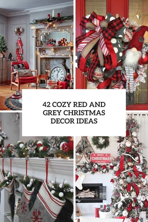 cozy red and grey christmas decor ideas cover Red Christmas Decor Ideas, Grey Christmas Decor, Black White Christmas Tree, Grey Christmas Tree, Red Christmas Ornaments, Black White Christmas, Red Christmas Decor, Silver Christmas Decorations, Christmas Tabletop Decor