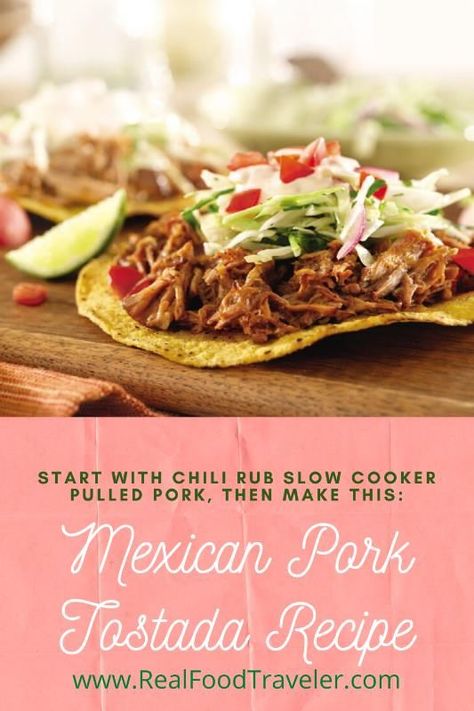 Make these Mexican Tostadas with pulled pork. Pork Tostadas Crock Pot, Pulled Pork Tostadas Recipe, Bbq Pork Tostadas, Pulled Pork Tostadas, Tostadas Recipes, Pork Tostadas, Mexican Tostadas, Meaty Chili, Recipe For Pulled Pork