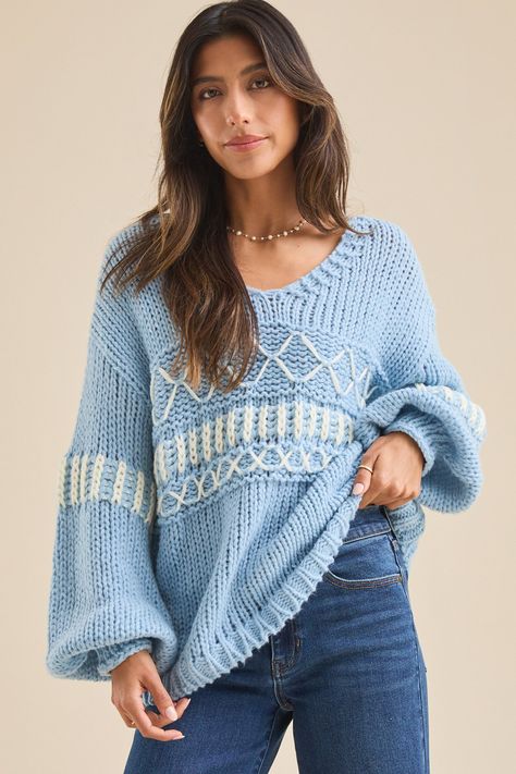 Elsa Chunky Knit Sweater in Blue | Altar'd State Cute Christmas Ideas, Bow Boots, Unique Fall, Peppermint Mocha, Cardigan Crop, Chunky Knit Sweater, Cozy Socks, Knit Sweaters, Altard State