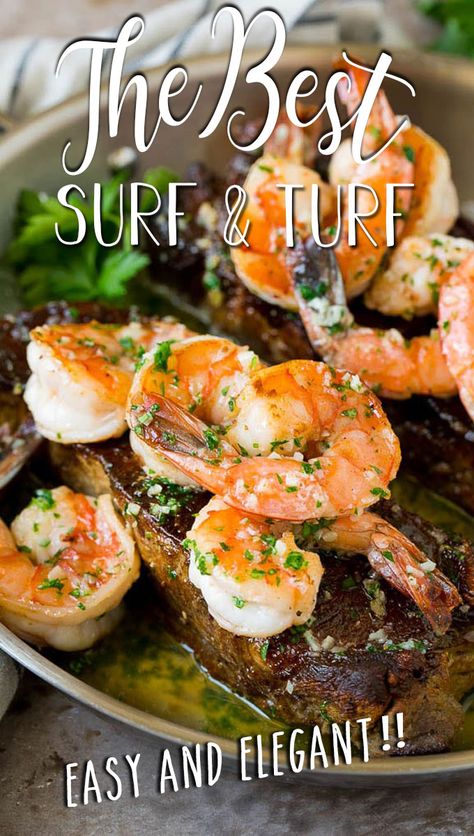 Surf N Turf Recipes, Spicy Seafood, Steak And Shrimp, Shrimp Dinner, Surf And Turf, Jumbo Shrimp, Steak And Seafood, Garlic Butter Sauce, Land And Sea