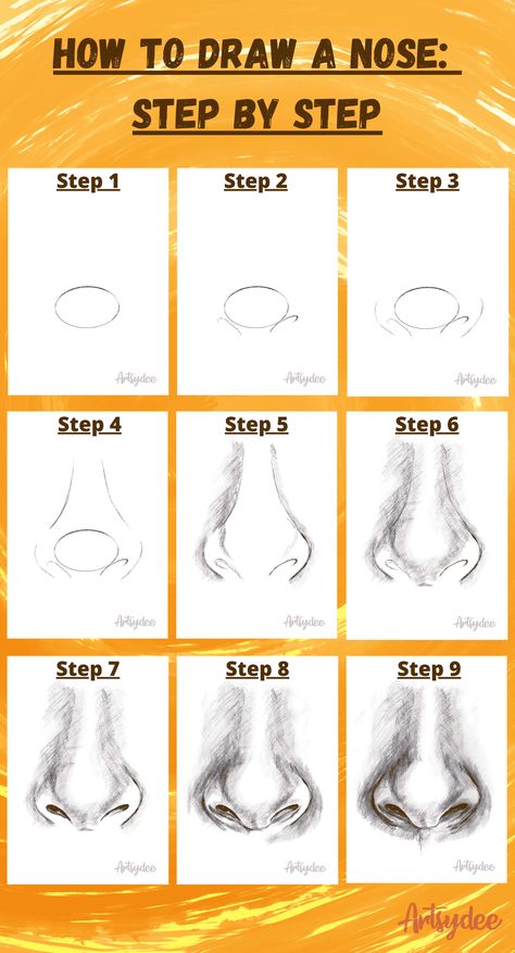 Nose Step By Step, Sketch Nose, Cartoon Noses, How To Draw A Nose, Draw A Nose, Realistic Cartoons, Tree Drawings Pencil, Easy Drawings For Beginners, Nose Drawing