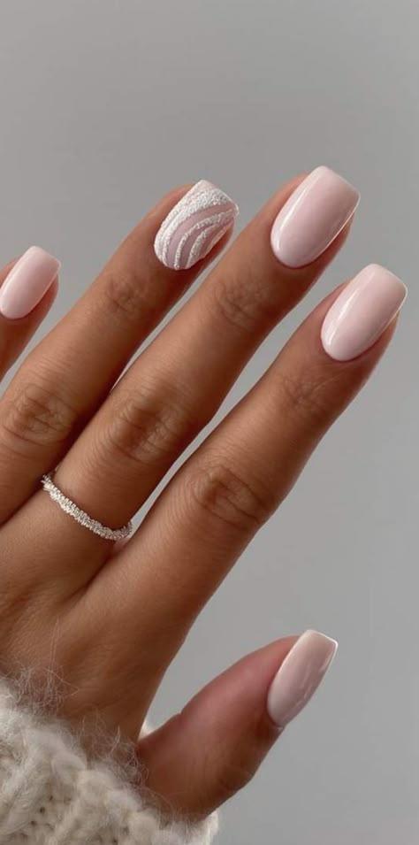 #nails #nude #nailart #art #lines  #snow #french_nails #white Shellac Nails White Design, Neutral Nails With White Design, White And Cream Nails, Neutral Elegant Nails, White Shellac Nails With Design, French Manicure With Glitter Line, French Inspired Nails, Shellac Nails White, Nude Nails 2024