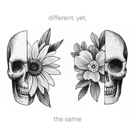 Matching non matching, complimentary you may say. Pick one or two, just for you, or you and who? ❤️❤️ #friendtattoo #friendtattoos #matchingtattoos #skulltattoo #flowerskull #floralskull #tattooideas #cutetattoos #illustrationtattoo Skull Couples Tattoo, Split Skull Tattoo, Couples Skull Tattoos, Skull Matching Tattoos, Matching Skull Tattoos, Complimentary Tattoos, Gf Tattoo, Couple Matching Tattoos, Skull Couple Tattoo