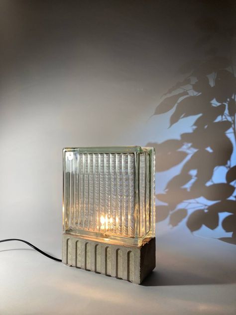 Glass Brick Furniture, Glass Brick Lamp, Glass Block Furniture, Glass Block Lamp, Glass Concrete, Creative Planter, Cube Lamps, Wood And Concrete, Furniture Design Inspiration