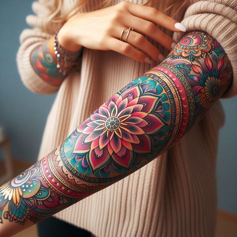 Feminine Tattoos Unveiled: Beyond Butterflies, Roses and Heart Inks | Pocoko Colorful Mandala Tattoo, Colour Tattoo For Women, Feminine Tattoo Sleeves, Ankle Tattoos For Women, Intricate Tattoo, Pin Up Tattoos, The Divine Feminine, Time Tattoos, Art Tattoos