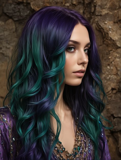 Sea Witch Hair Color, Purple Hair Makeup Ideas, Teal And Purple Hair, Purple And Green Hair, Exotic Hair Color, Mermaid Hair Color, Sea Goddess, Galaxy Hair, Cute Hair Colors