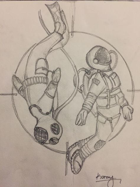 Diver And Astronaut Tattoo, Astronaut X Diver, Deep Sea Diver Drawing, Diver Sketch, Astronaut And Diver, Diver Tattoo, Astronaut Drawing, Diver Art, Ship Dynamics