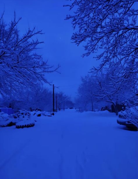 Dark Blue Winter Aesthetic, Snow Aesthetic Blue, Blue Snow Aesthetic, Blue Hour Winter, Blue Hour Photography, Blue Christmas Background, Everything Is Blue, Winter Blue, Night Scenery