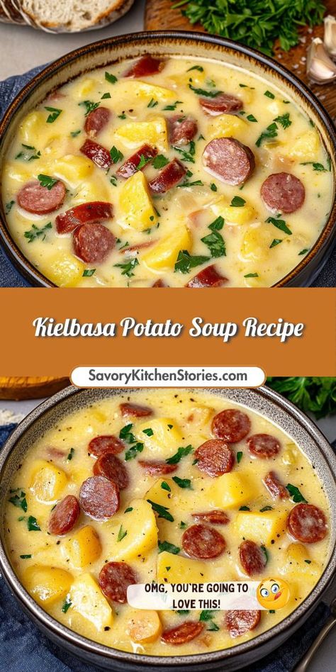 Savor the taste of homemade goodness with this Kielbasa Potato Soup Recipe! Bursting with flavors from savory kielbasa and hearty potatoes, this soup is both filling and delicious. Quick to prepare and perfect for any occasion, it will warm your soul. Check out the full recipe! #SoupRecipes Slow Cooker Potato And Sausage Soup, Brat Potato Soup, Kielbasa And Potato Soup Crockpot, Turkey Kielbasa Crockpot Recipes, Kielbasa Potato Recipes, Crock Pot Kielbasa And Potatoes, Quick Comfort Food Recipes, Cheesy Kielbasa Potato Soup, Kielbasa Soup Recipes Crockpot