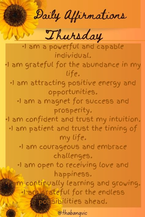 10 Affirmations to start every day of the week with a positive mindset: Thursday Thursday Affirmation Quotes, Thursday Quotes Good Morning Positive, Week Affirmation, Thursday Affirmation, Magical Affirmations, 10 Affirmations, Week Motivation, Manifesting 2024, Thursday Blessings