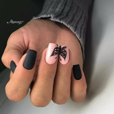 Matte Nail Art, Matte Black Nails, Amazing Nail Art, Butterfly Nail Art, Matte Nails Design, Pink Nail Art, Nice Nails, Nail Polish Swatches, Her Nails