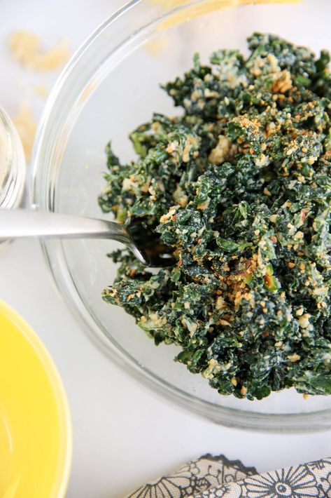 Kale Caesar Salad Gluten Free Worcestershire Sauce, Spicy Breakfast, Harvesting Kale, Kale Caesar, Kale Caesar Salad, Easy Salad Dressing, Gluten Free Bread Crumbs, Easy Salad, Orange Salad