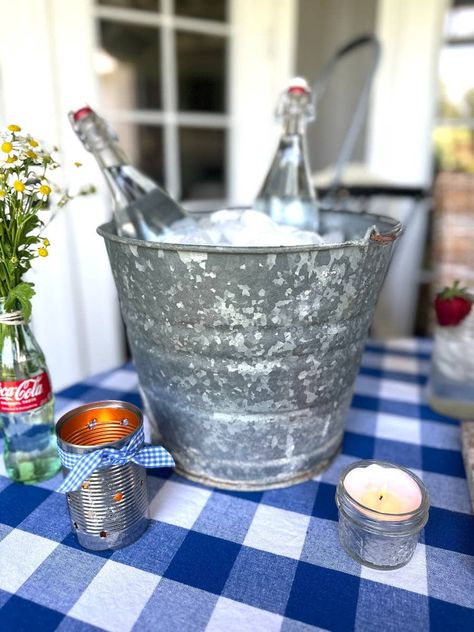 How To Decorate a Red White and Blue Table for a BBQ Party Bbq Table Decor, Outdoor Bbq Table, Bbq Decor, Cookout Party, Canned Fruits, Bbq Table, Backyard Parties, Coca Cola Bottles, Dinner Club