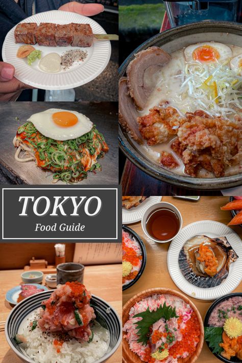 Collage of Tokyo food including ramen, fresh seafood, okonomiyaki, and wagyu beef Fish Ramen, Best Cafes In Tokyo, Tokyo Restaurants, Tokyo Food Tour, Best Restaurants In Tokyo, Traveling To Japan, Tokyo Fish Market, Tokyo Food, Grilled Scallops