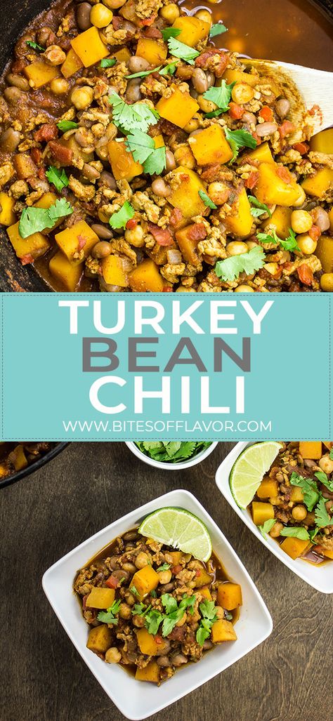 Turkey Bean Chili is a delicious & hearty bowl packed with flavor. Ground turkey, veggies, & two kinds of beans cooked in a spicy tomato broth. Weight Watchers friendly recipe! www.bitesofflavor.com Turkey Bean Chili, Squash Chili, Butternut Squash Chili, Tomato Broth, Bean Chili, Butternut Squash Recipes, Squash Recipes, Pinterest Recipes, Good Healthy Recipes