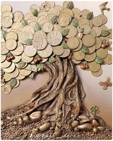 Money Craft Ideas, Coin Tree Art, Coins Art Ideas, Coin Painting, Coin Tree, Wooden Box Crafts, Coin Crafts, Boat Crafts, Art Coquillage