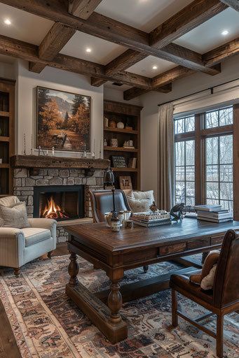 Mountain Lake Lodge Scenic Vistas European Hunting Lodge Decor, Stone Cabin Interior, Mountain Lodge Aesthetic, Hunting Lodge Aesthetic, Beautiful Dens, Mountain Lodge Interior Design, Mountain Lodge Interior, Ralph Lauren Interior Design, Lodge Interior Design